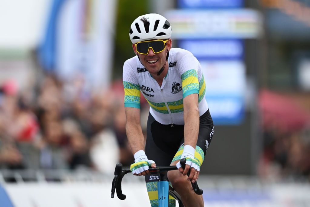 ZURICH, SWITZERLAND - SEPTEMBER 29: Ben O&#039;connor of Team Australia crosses the finish line silver medal winner during the 97th UCI Cycling World Championships Zurich 2024, Men&#039;s Elite Road Race a 273.9km one day race from Winterthur to Zurich on September 29, 2024 in Zurich, Switzerland. (Photo by Tim de Waele/Getty Images)