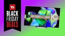 The LG C3 OLED TV on a purple and green background