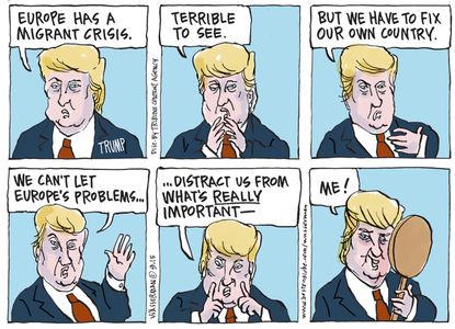 Political cartoon U.S. Donald Trump Europe Refugees