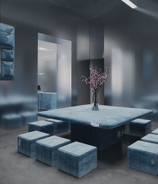 denim furniture: upholstered cube seats and table