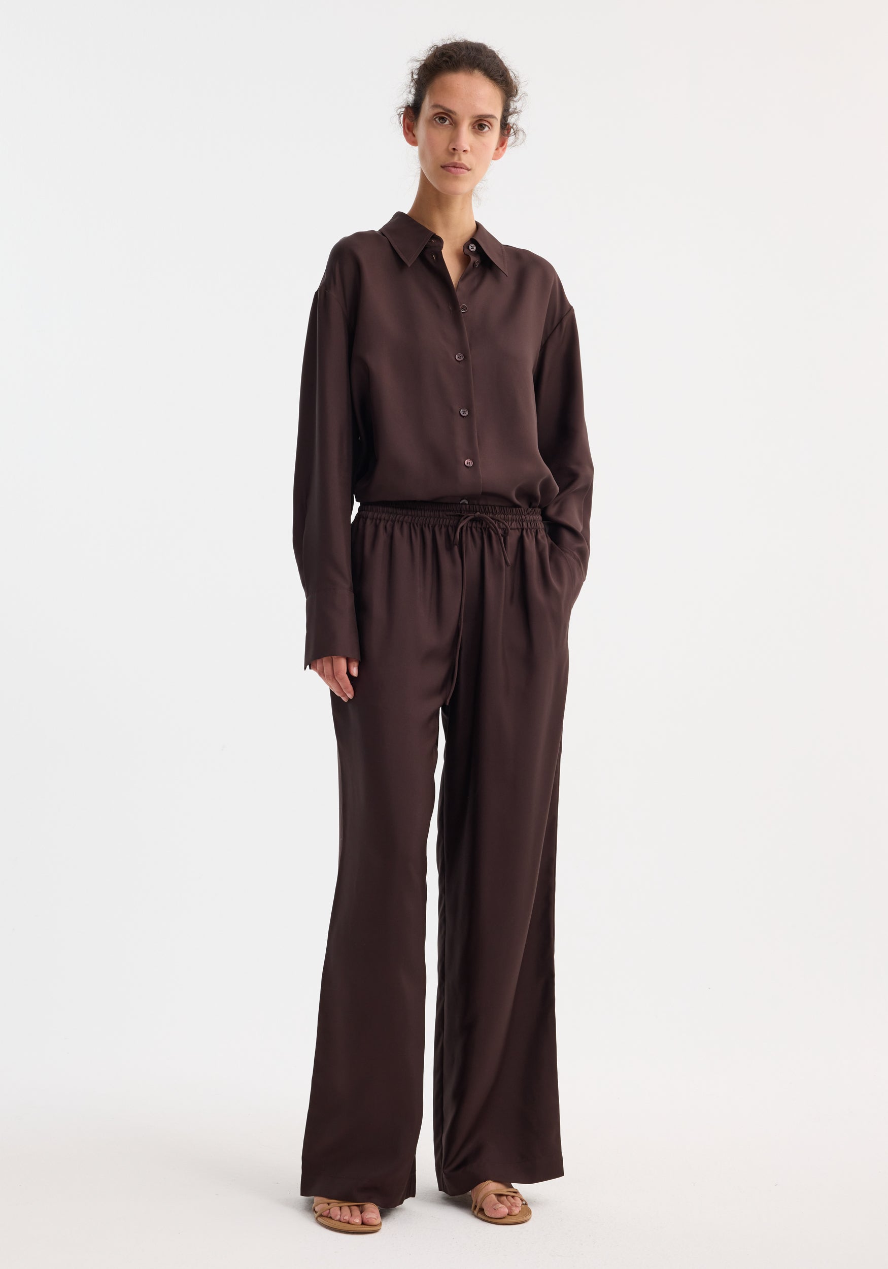 Wide Leg Silk Trousers | Mahogany