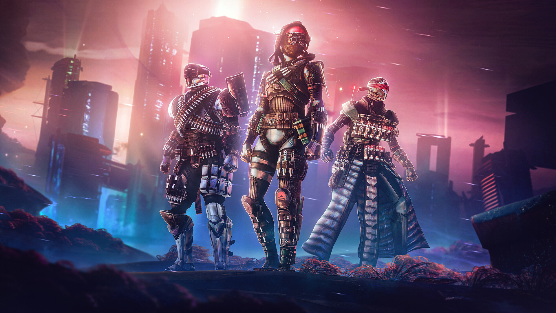 Three Guardians posing in Destiny 2's Lightfall expansion.