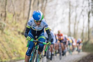 Annemiek van Vleuten leads the race up the Kerkstraat cobbles - 2016 Omloop van het Hageland - Tielt-Winge