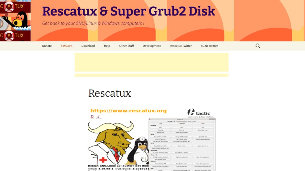 Website screenshot of Rescatux (January, 2026)