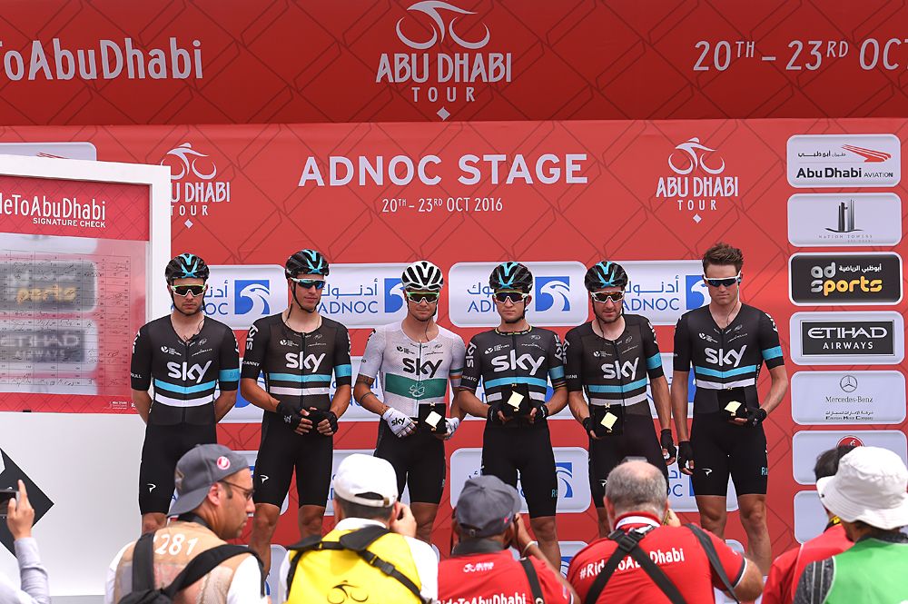 Team Sky on the sign-in stage at 2016 Abu Dhabi Tour
