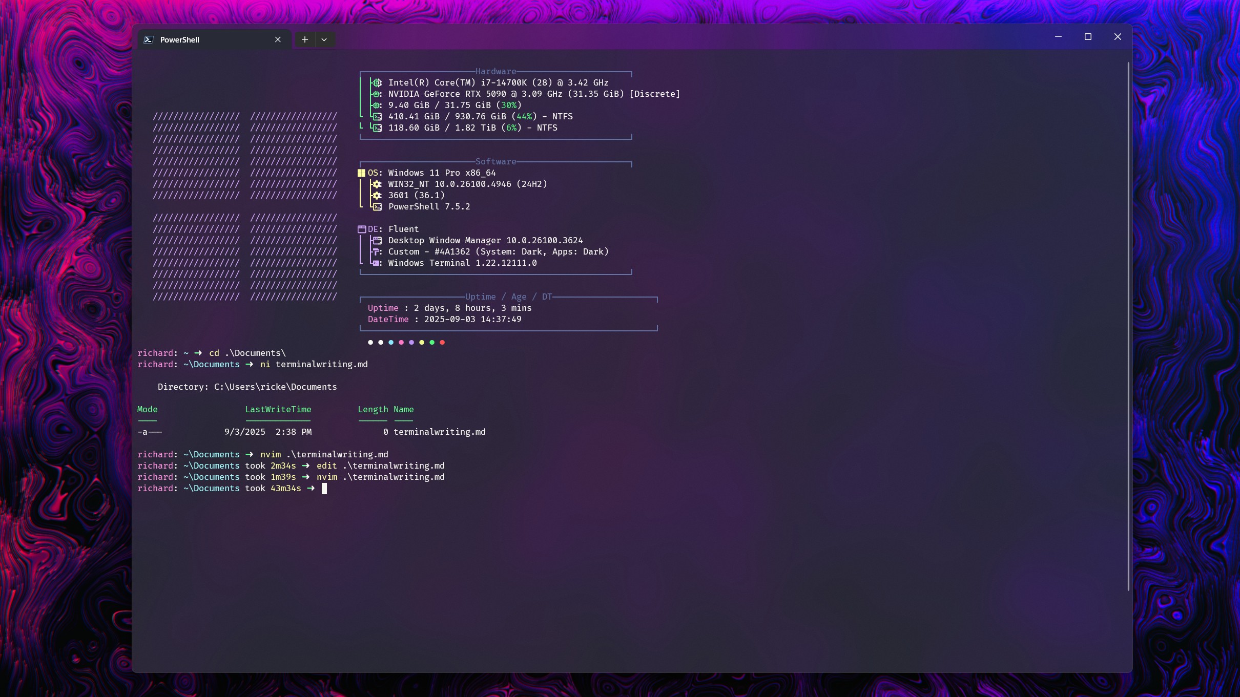 Using PowerShell in Windows Terminal to open files in Microsoft Edit and Neovim, with a timer of how long each process took.
