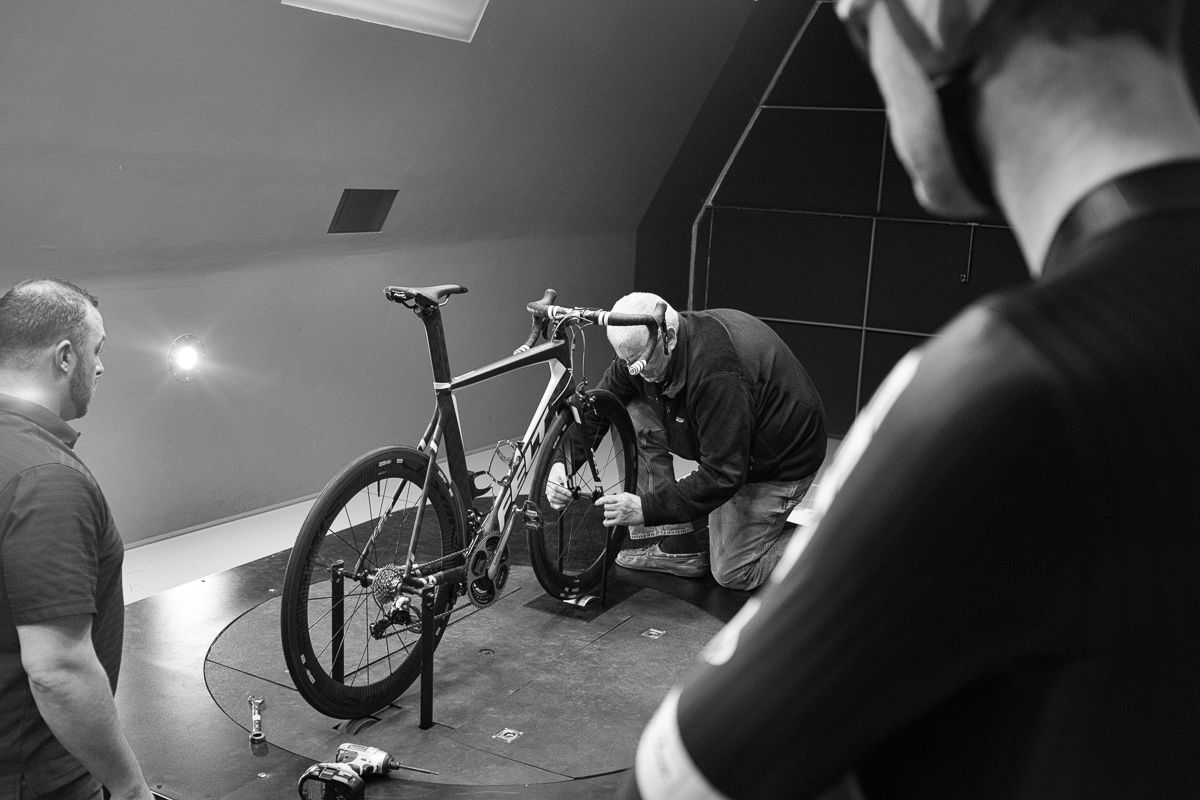 Setting up the bike for the wind tunnel tests.