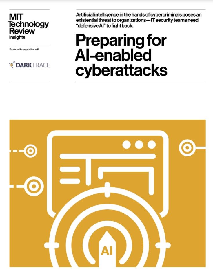 AI icon against a laptop icon on a yellow background - whitepaper from Darktrace