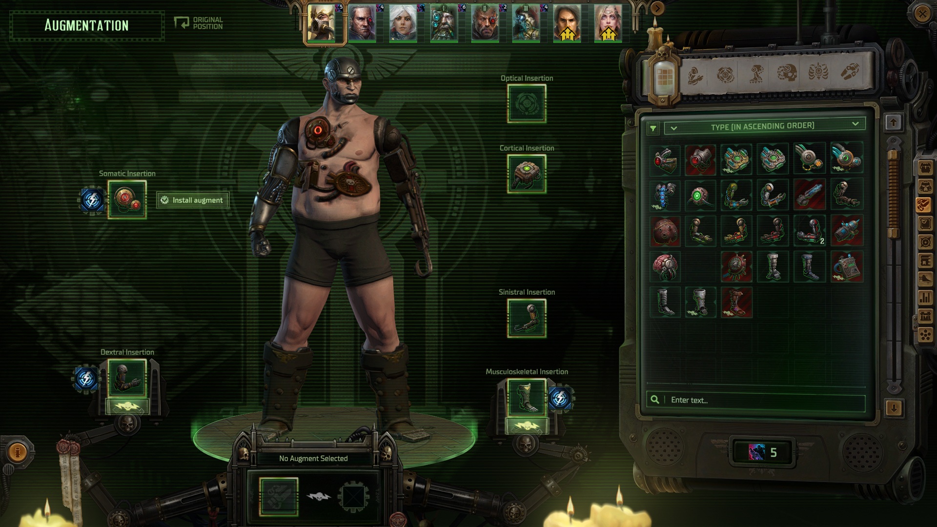 A sci-fi-style game interface shows a shirtless male character standing with visible cybernetic augmentations. A menu displays augmentation options on the right, featuring icons of various implants.