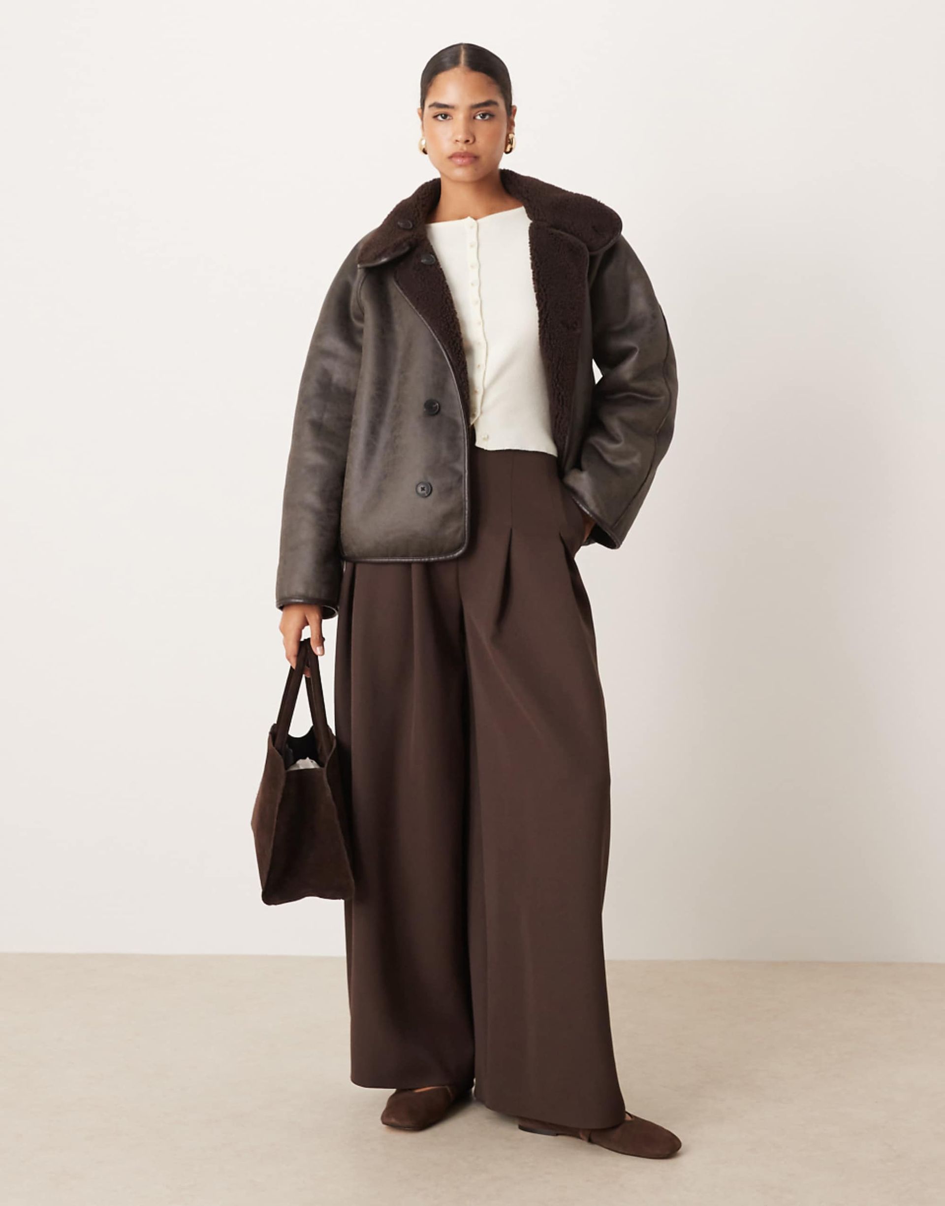 Gina Tricot Oversized Reversible Borg Jacket With High Funnel Neck in Dark Brown With Edging