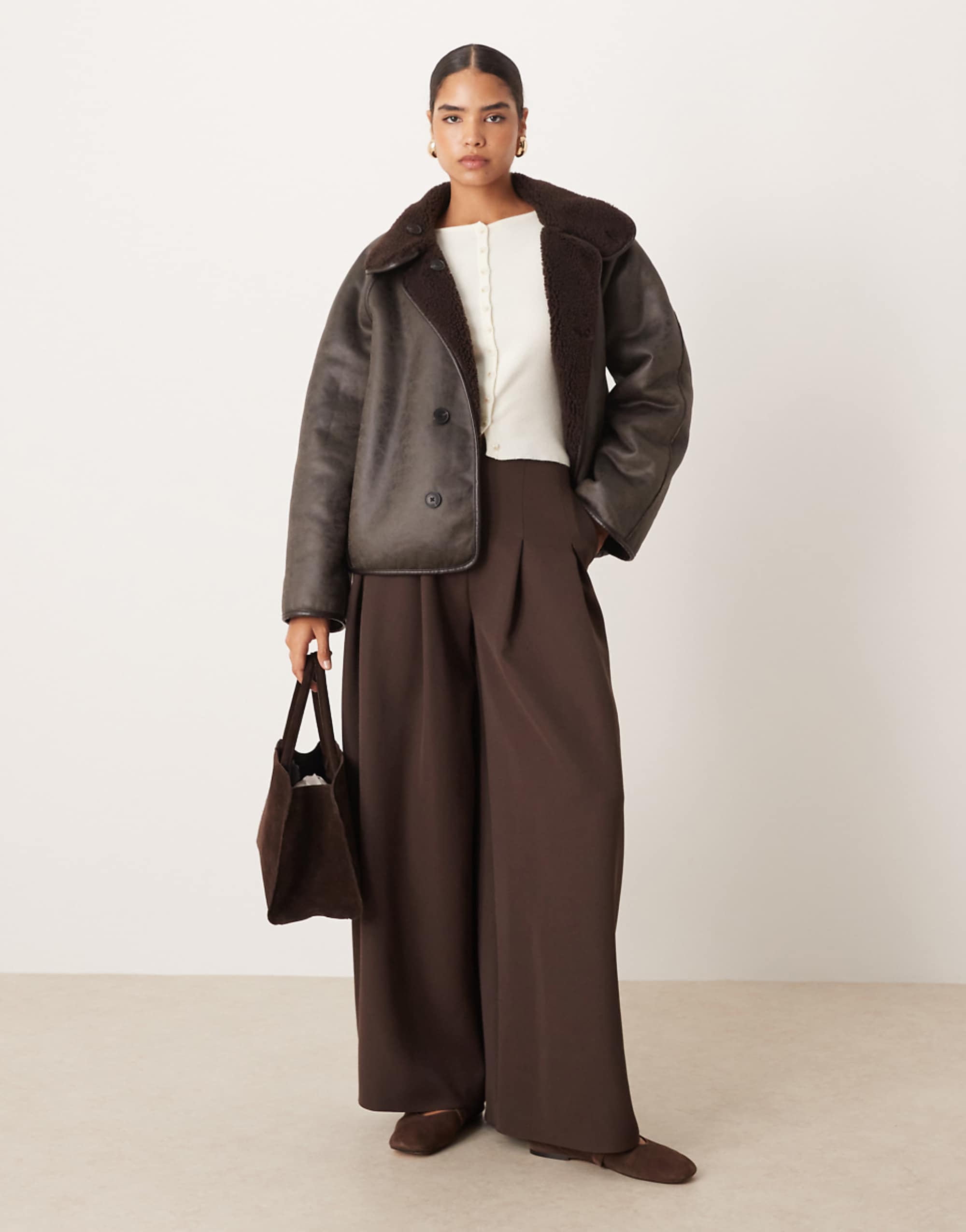 Gina Tricot Oversized Reversible Borg Jacket With High Funnel Neck in Dark Brown With Edging