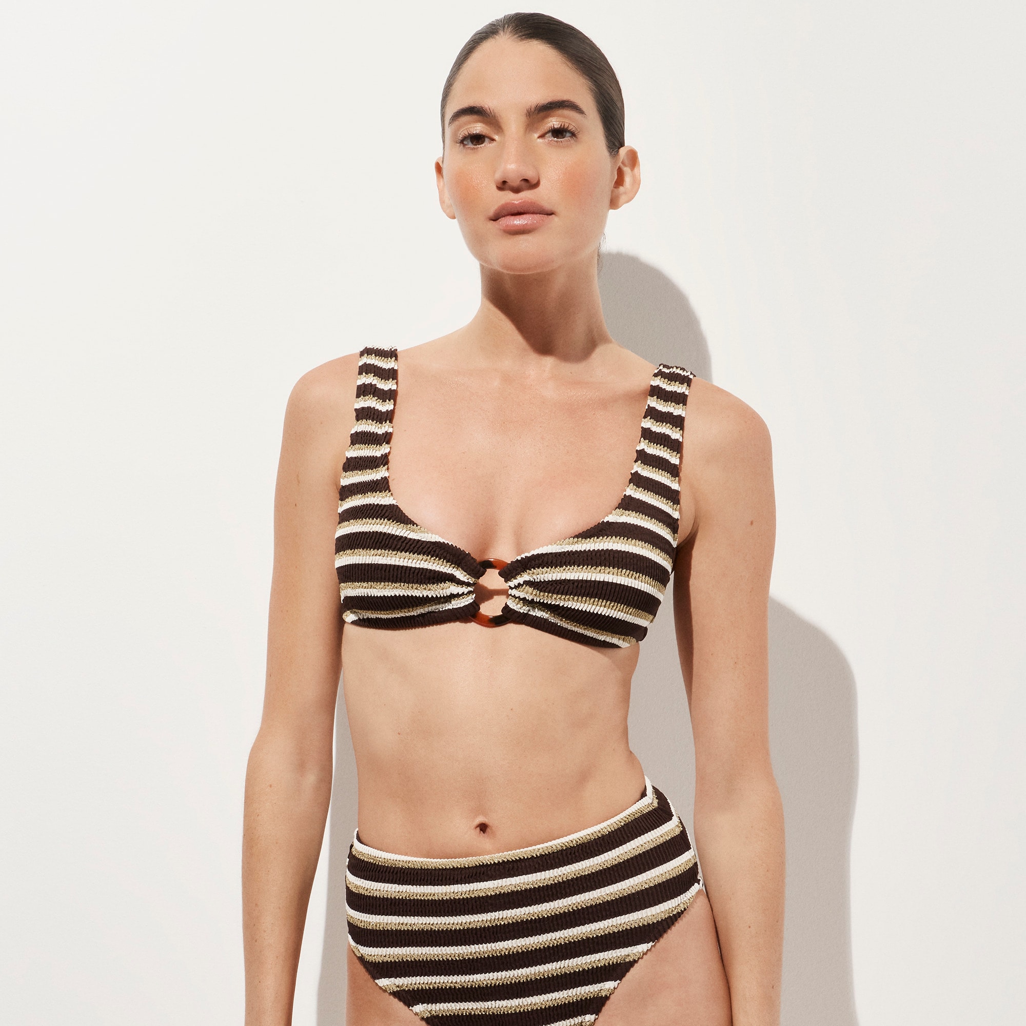 Claudia O-Ring Scrunchie Bikini Top in Metallic Stripe