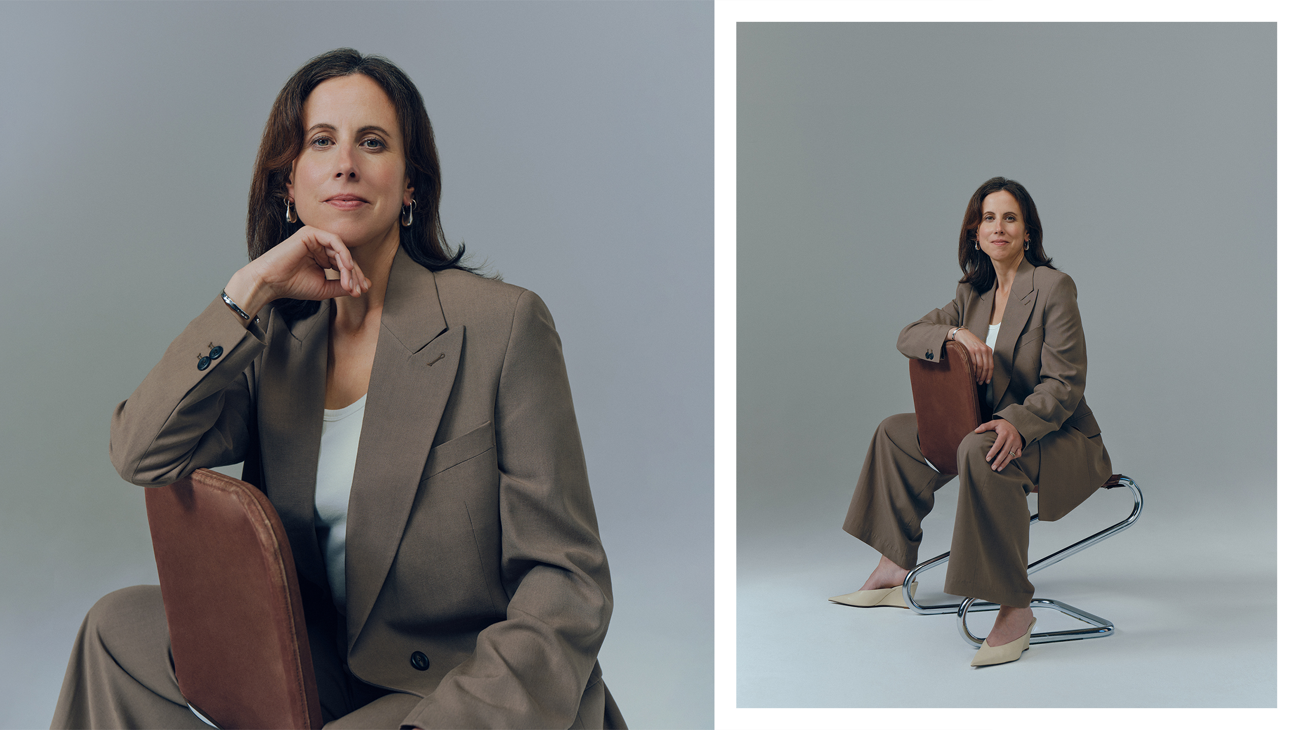 Two studio portraits of a woman in a brown suit on a gray background, seated in a modern chair; one close-up and one full-length view.