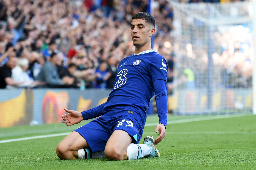 Kai Havertz of Chelsea celebrates after scoring their side's first goal during the Premier League match between Chelsea FC and Wolverhampton Wanderers at Stamford Bridge on October 08, 2022 in London, England