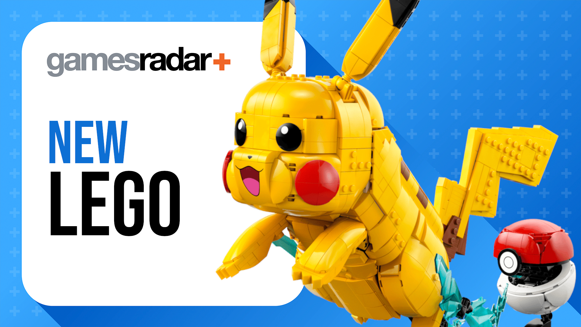A Lego Pikachu leaps from a Poke Ball against a blue background, with a white badge reading "New Lego"