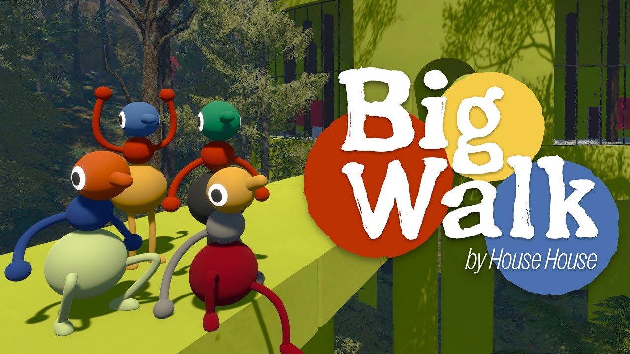Big Walk promotional artwork featuring four colourful characters standing on a green platform alongside the game's logo.