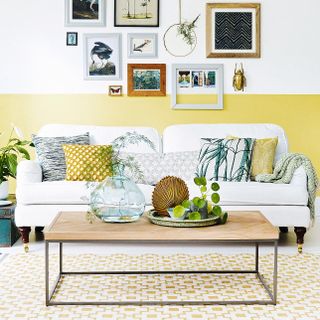 living room with half-height yellow wall and a gallery wall above
