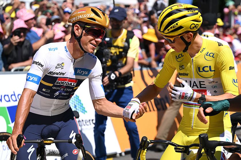 BAYEUX, FRANCE - JULY 10: (L-R) Remco Evenepoel of Belgium and Team Soudal Quick-Step - White best young jersey, Tadej Pogacar of Slovenia and UAE Team Emirates - XRG - Yellow leader jersey prior to the 112th Tour de France, Stage 6 a 201.5km stage from Bayeux to Vire Normandie / #UCIWT / on July 10, 2025 in Bayeux, France. (Photo by Dario Belingheri/Getty Images)