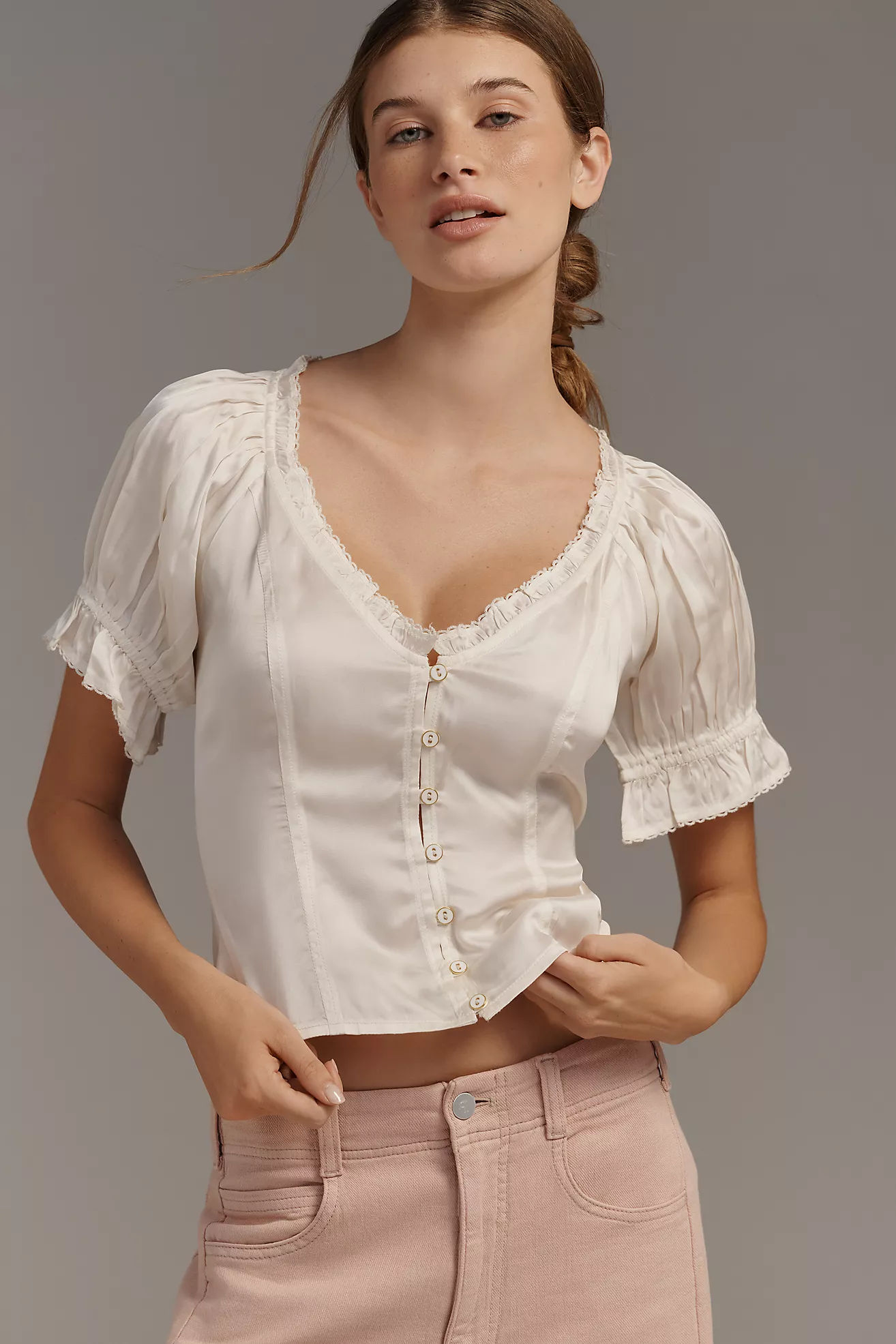 By Anthropologie Puff-Sleeve Ruffle Buttondown Top