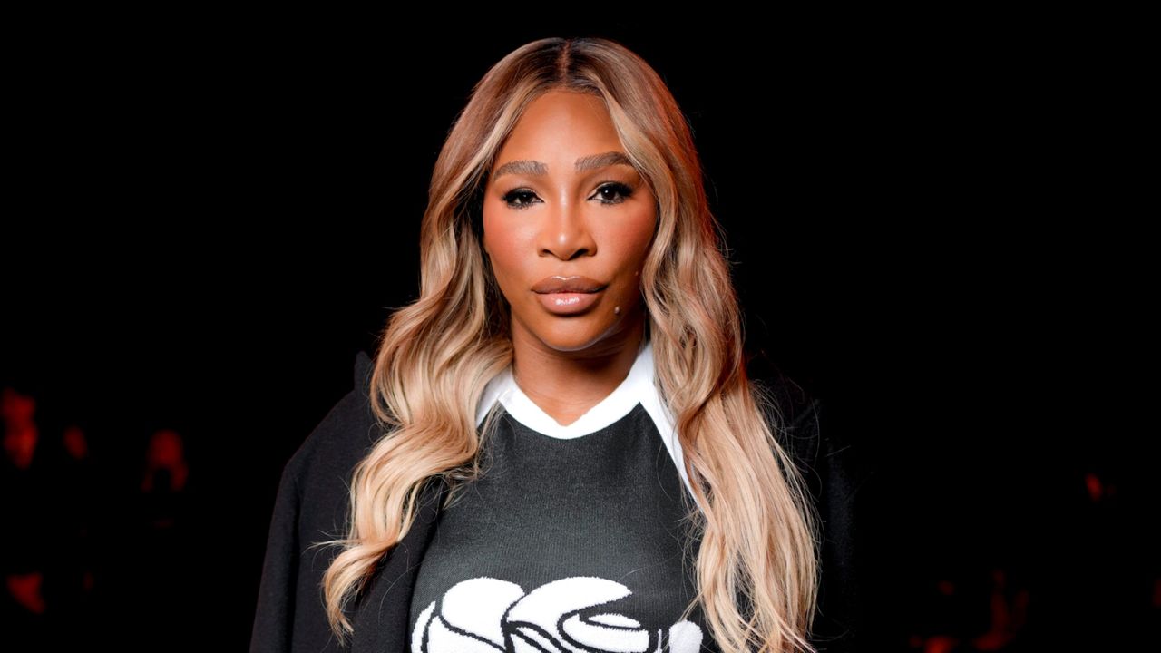 Serena Williams Balmain show rose dress flower black leather sandals heels trends fall 2024 Paris Fashion Week