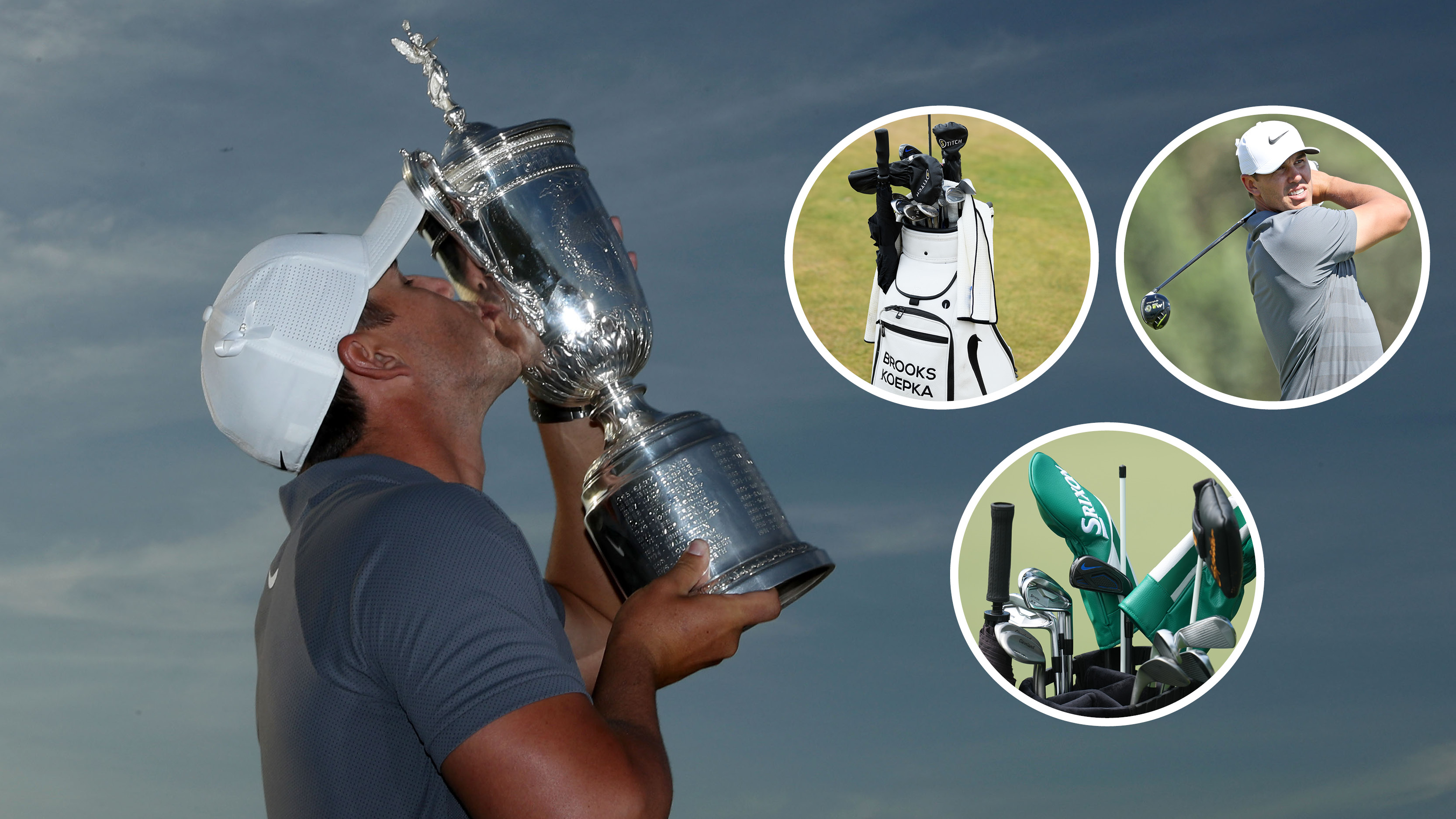 Brooks Koepka kisses the US Open trophy, with a mix of clubs and shots included in circles
