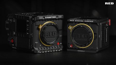 Red Z-mount cameras/adaptors shot against a moody grey backdrop