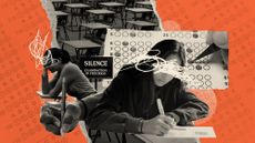 Photo collage of exam papers, students and a classroom on orange background