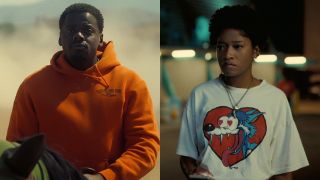 From left to right: Daniel Kaluuya in a orange hoodie and Keke Palmer in a vintage t-shirt in Nope