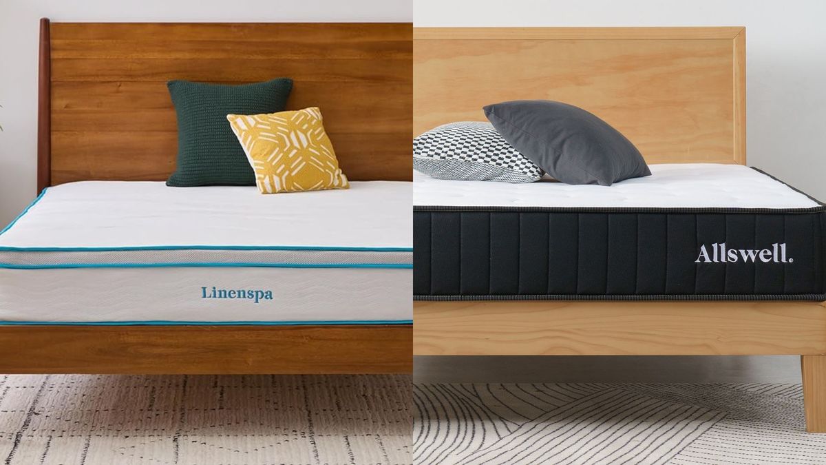 Split screen of the Linenspa Memory Foam Hybrid Mattress and the Allswell Hybrid