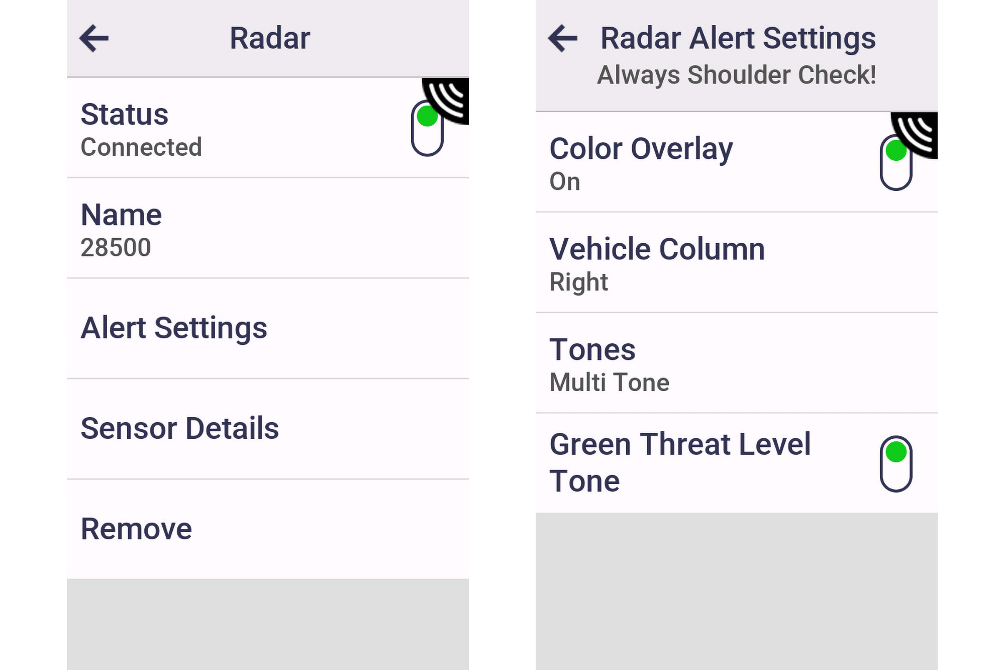 Magene L508 options and settings, as accessed from a Garmin Edge 1050