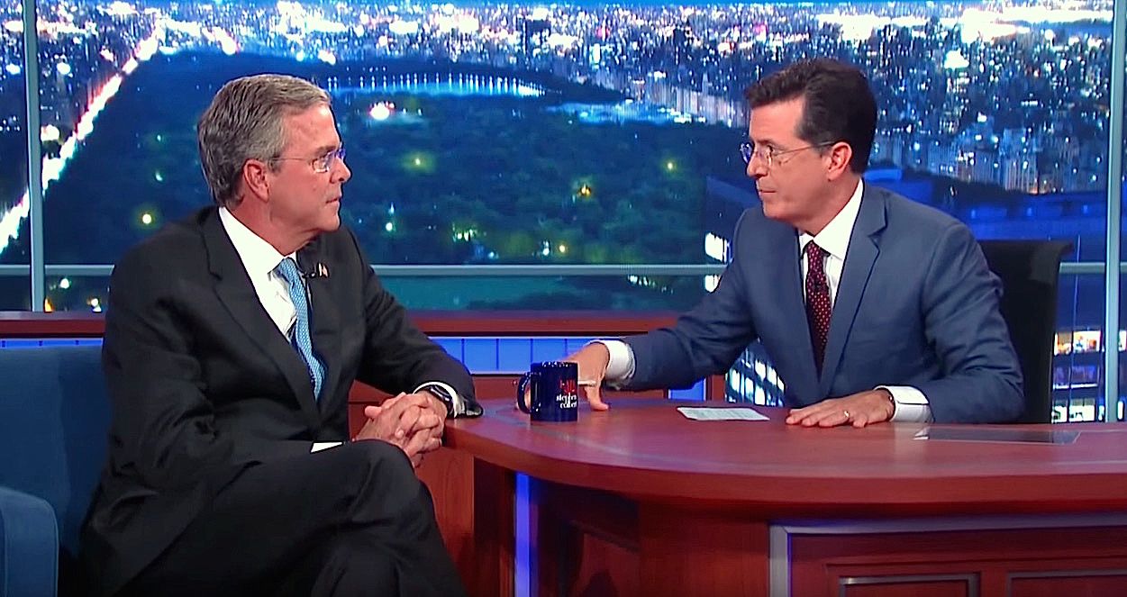 Stephen Colbert grills Jeb Bush on guns, Trump