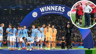 Josep Guardiola (R) head coach of Manchester City FC reacts in celebration at his team's team's UEFA Champions League triumph after the UEFA Champions League Final 2023 between Manchester City FC and FC Internazionale Milano at the Ataturk Olympic Stadium, in Istanbul, Turkey on 10 June 2023,