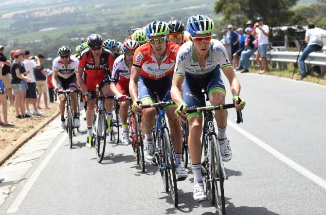 Cam Meyer (Orica-GreenEdge) working hard on the front of the bunch