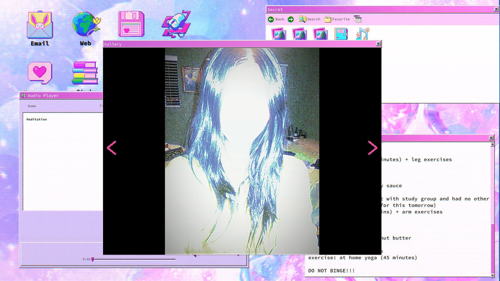 An old operating system desktop with an obscured women's face