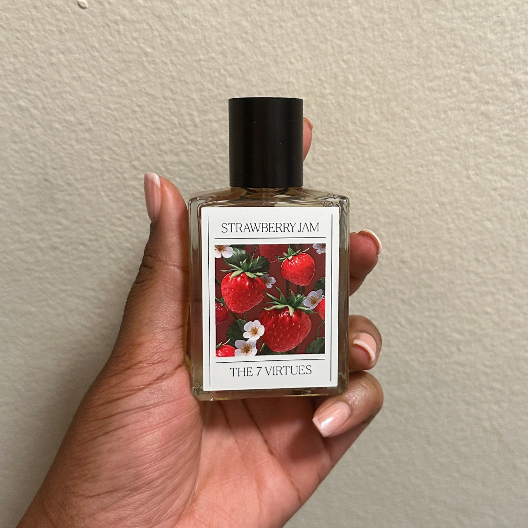 Ariel Baker testing The 7 Virtues Strawberry Jam Eau De Parfum.