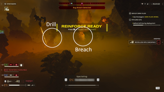 An image depicting a drill and a bug breach in Helldivers 2, unfairly close to one another.