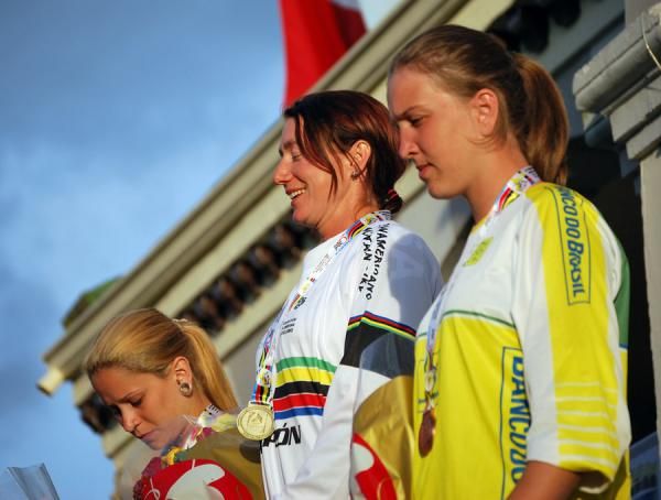 The Elite women receive their medals; L-R Luana Maria De Souza Oliveira, Jacqueline Harmony, and Bruna Ulrich.