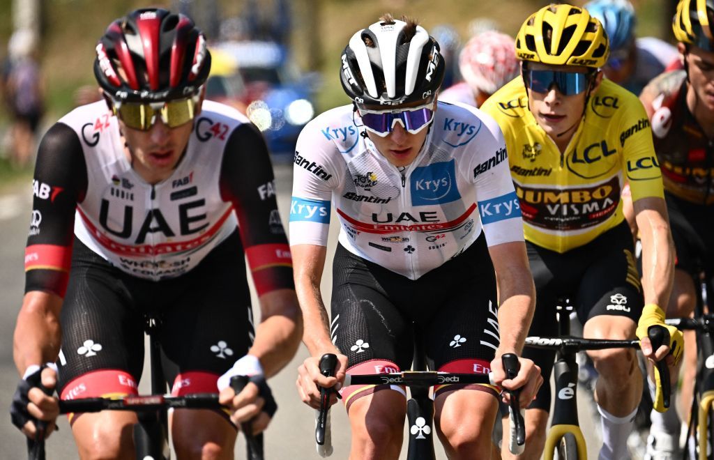 UAE Team Emirates teams Slovenian rider Tadej Pogacar C wearing the best young riders white jersey and JumboVisma teams Danish rider Jonas Vingegaard R wearing the overall leaders yellow jersey cycle in the ascent of Col de Val LouronAzet the 17th stage of the 109th edition of the Tour de France cycling race 1297 km between SaintGaudens and Peyragudes in southwestern France on July 20 2022 Photo by Marco BERTORELLO AFP Photo by MARCO BERTORELLOAFP via Getty Images