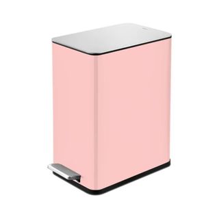 A pink trash can with silver lid