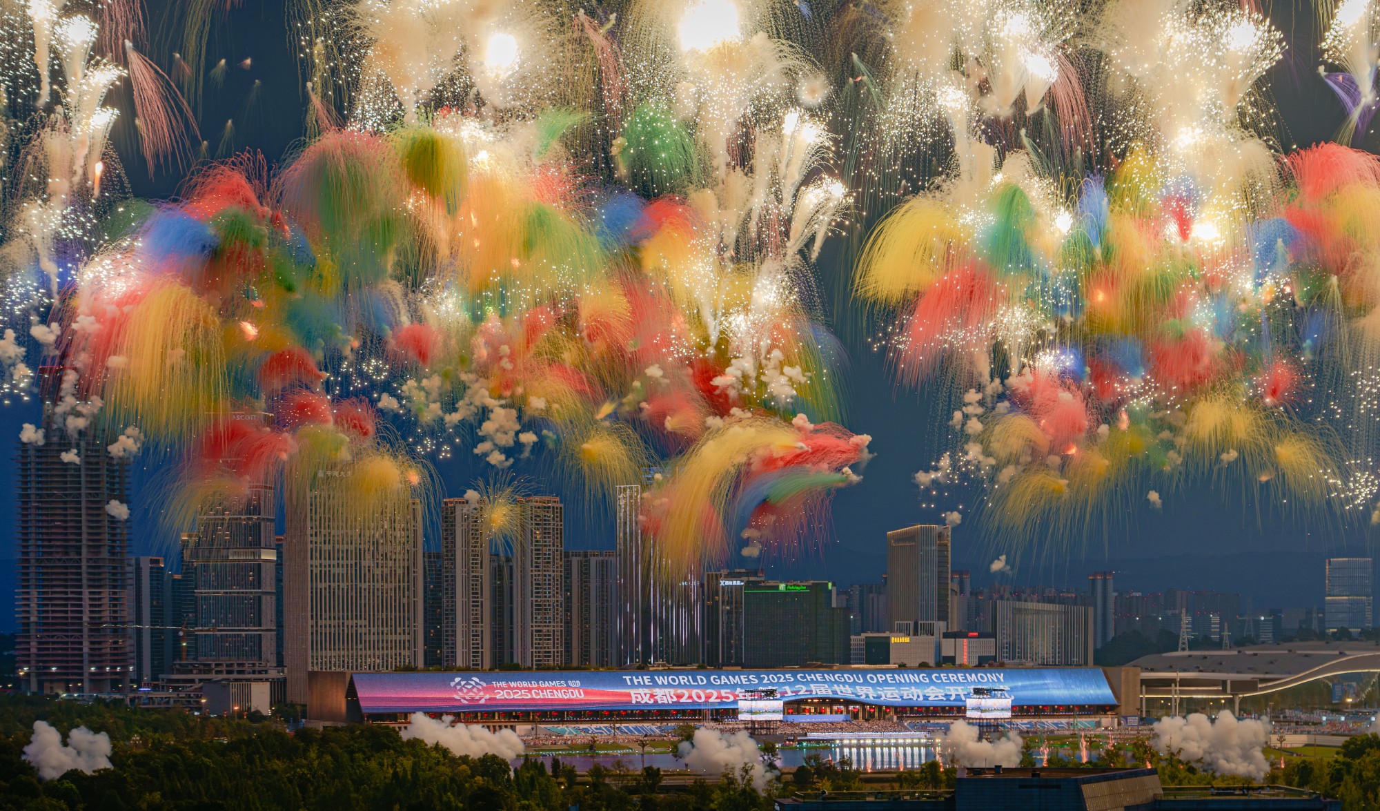 Fireworks light up the sky during the opening ceremony of the World Games 2025 in Chengdu, China