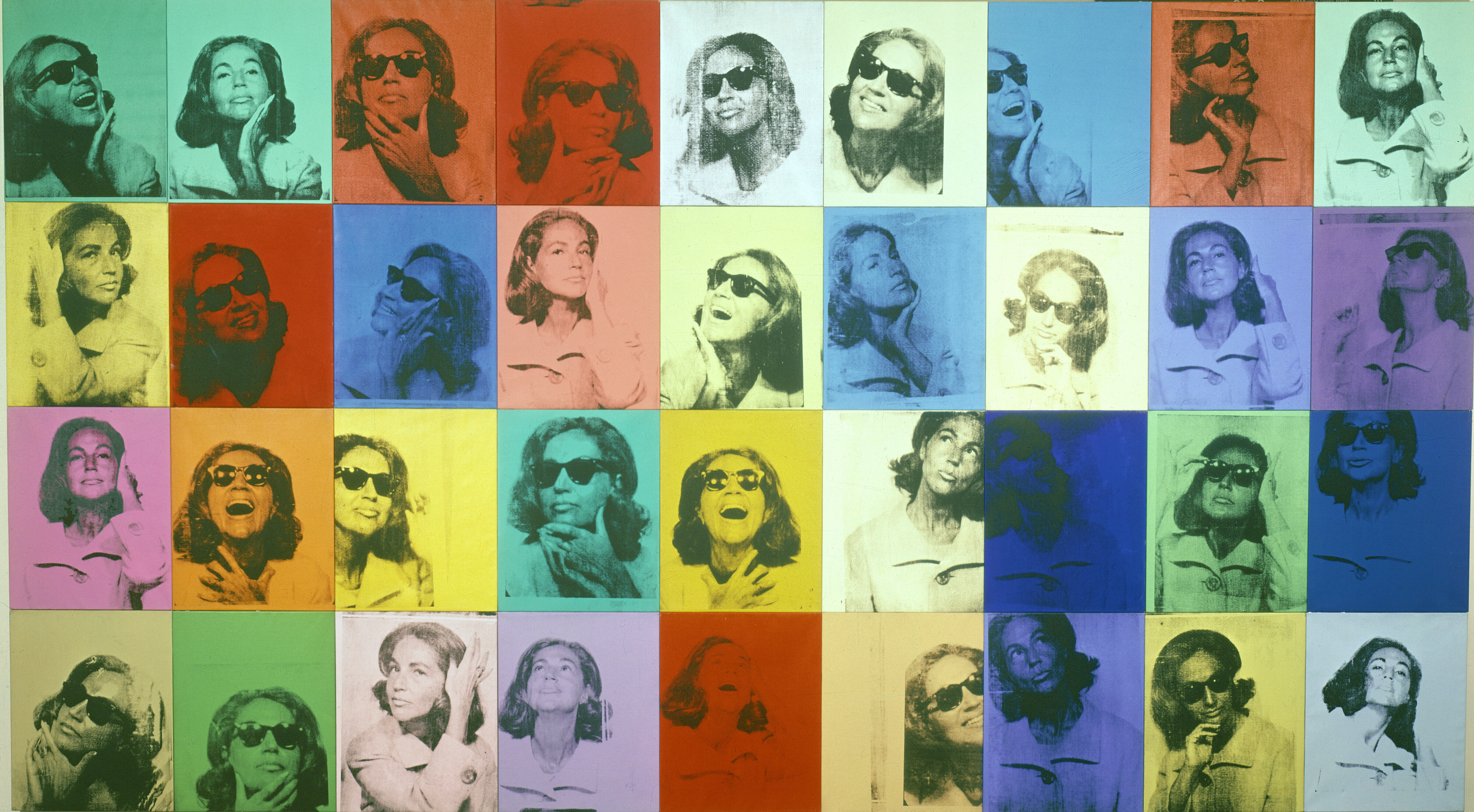 Grid of multi-colour photobooth style pictures of Ethel Scull by Andy Warhol