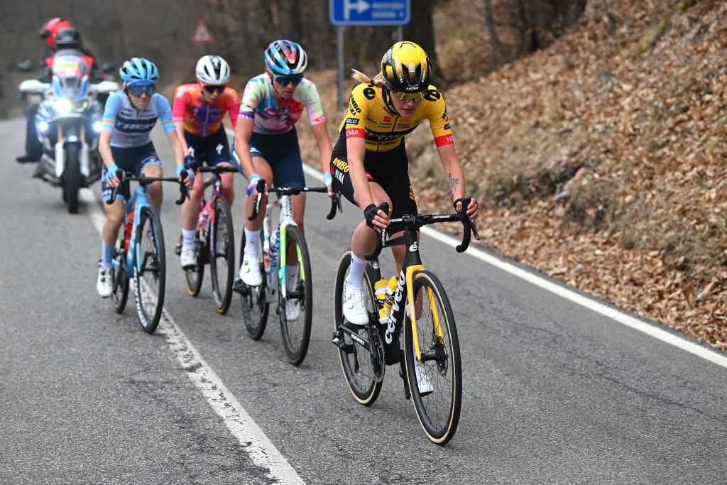 CITTIGLIO ITALY MARCH 19 Kim Cadzow of New Zealand and Team JumboVisma competes in the breakaway during the 24th Trofeo Alfredo BindaComune di Cittiglio 2023 Womens Elite a 139km one day race from Maccagno con Pino e Veddasca to Cittiglio UCIWWT on March 19 2023 in Cittiglio Italy Photo by Dario BelingheriGetty Images