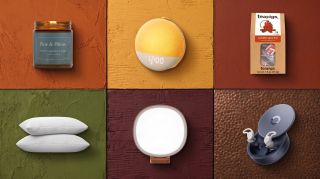 A collage of cozy sleep products against autumnal-colored tiles, including moss green, mustard, burgundy and brown