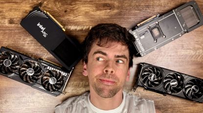 Person looking at graphics cards placed around his head 