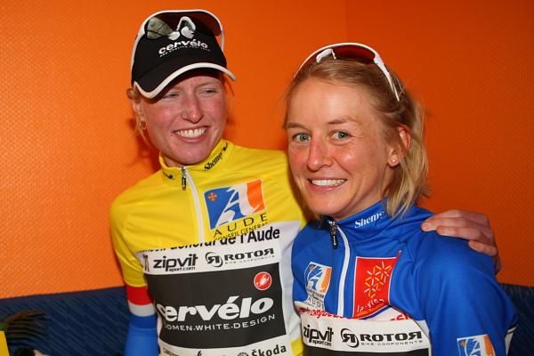 Happy teammates, Regina Bruins and Emma Pooley (Cervelo Test Team) after the podium ceremony.