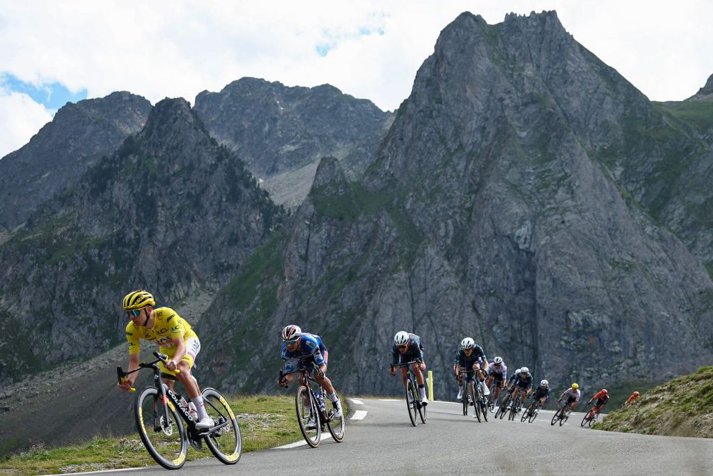 Yellow jersey Tadej Pogačar (UAE Team Emirates) flies down the descent of Col du Tourmalet