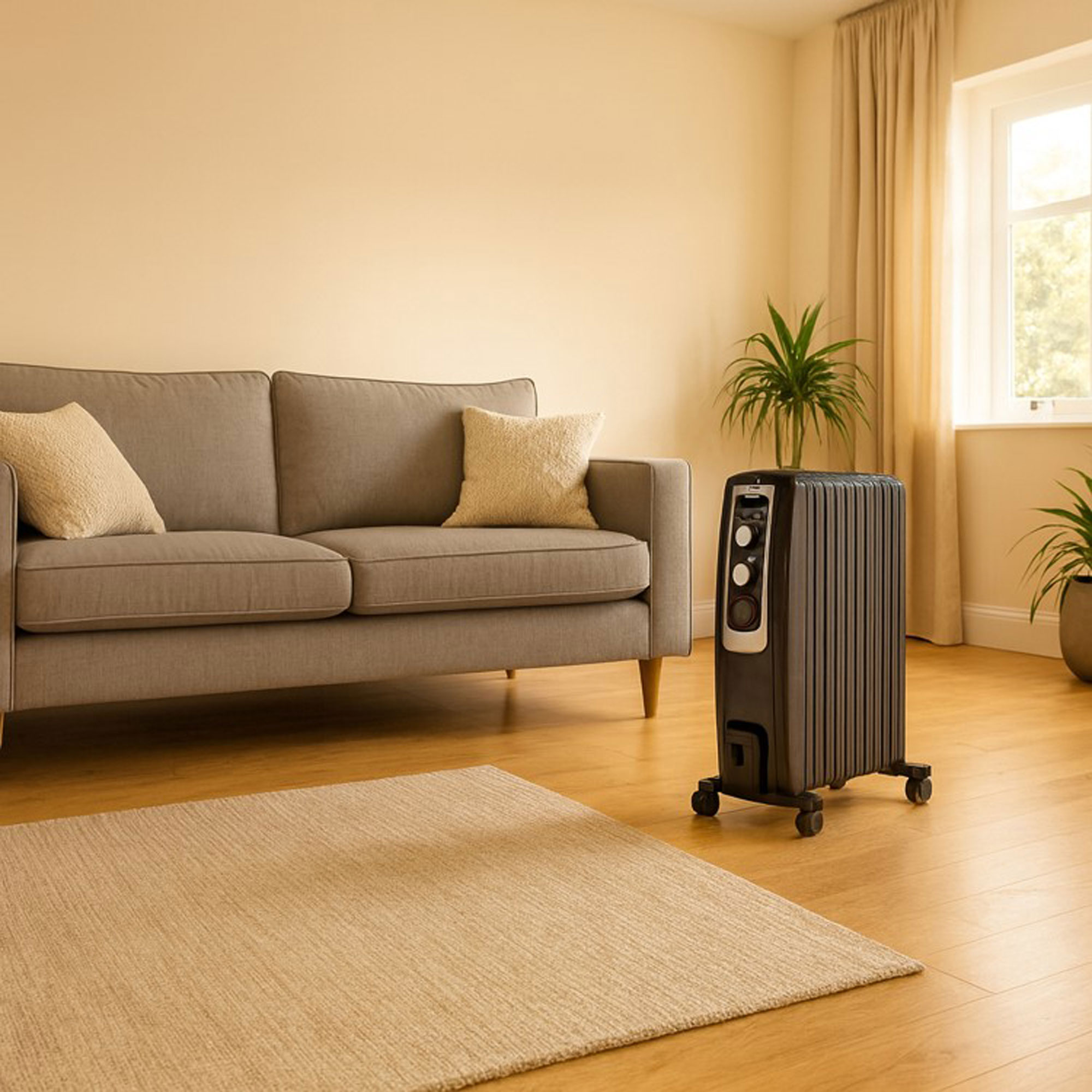 black oil-filled radiator in living room