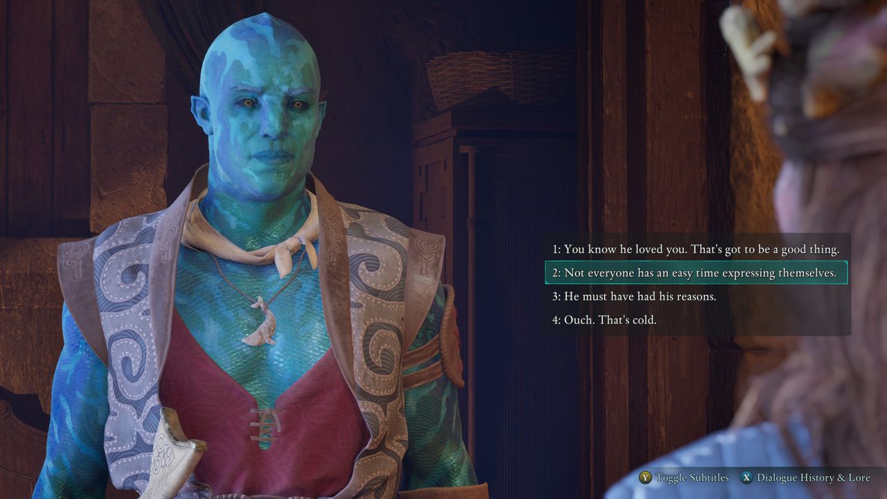 Avowed - The player speaks to Kai in Tama's cabin and hells him "Not everyone has an easy time expressing themselves."