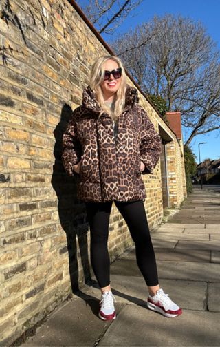 Image of woman wearing leopard print jacket