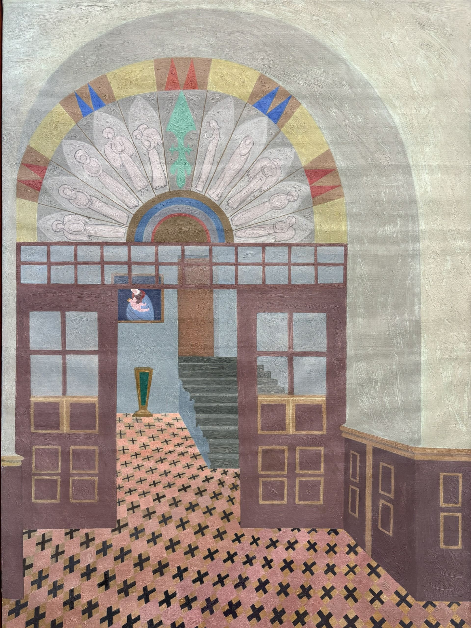 A hyper-realistic painting depicting the hallway of a church with a stained glass-decorated entrance, tiled checkered floors, and a painting of the virgin mary with child. 